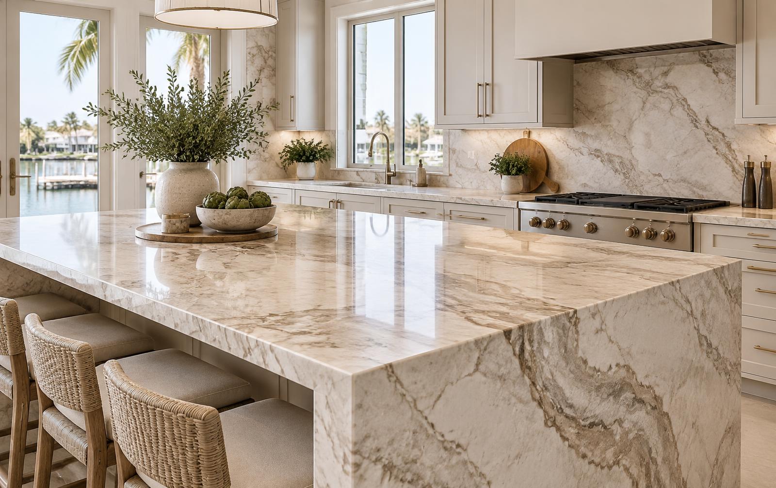 Premium residential kitchen with a broad stone island and visible countertop surface
