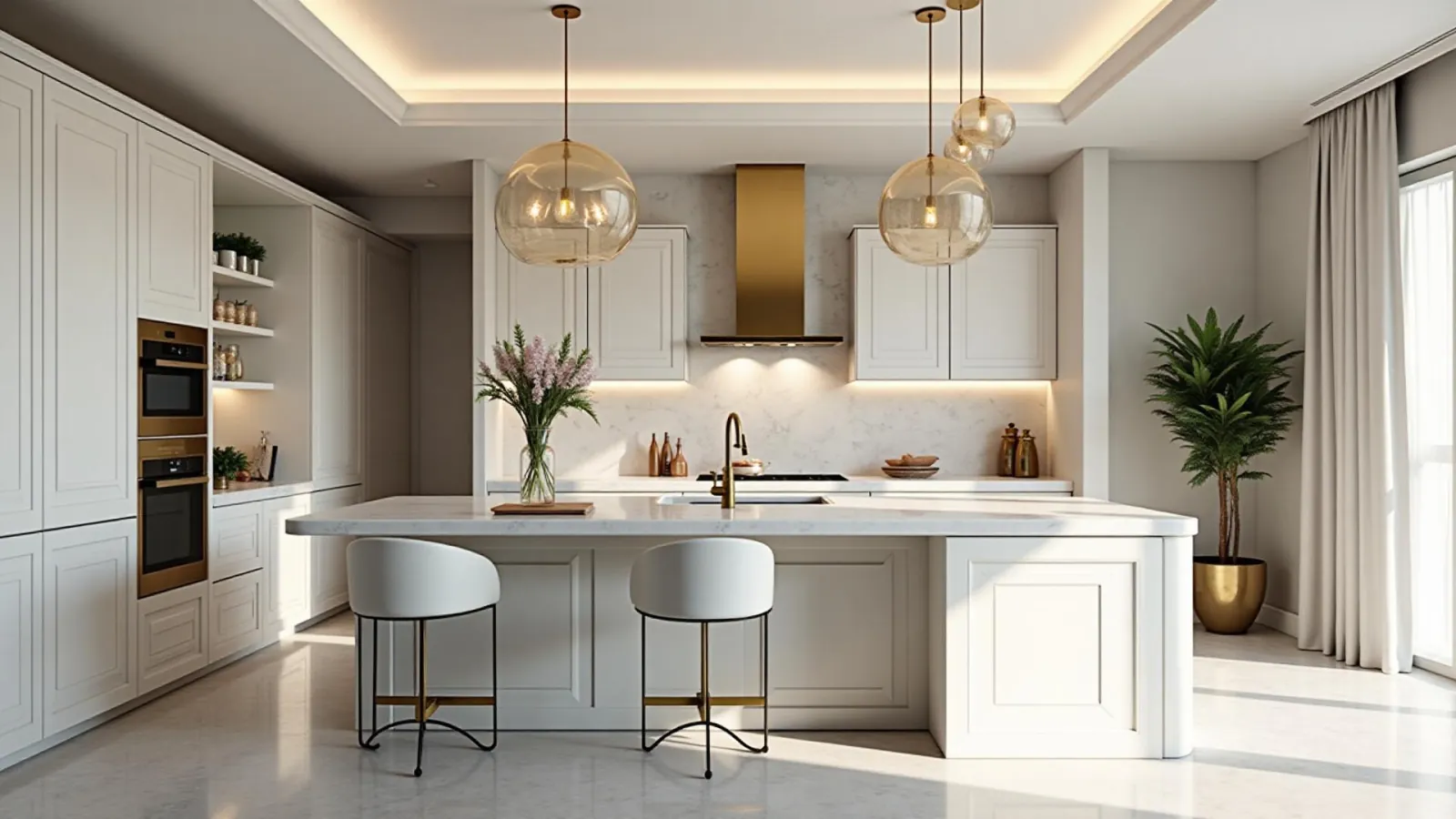 Kitchen with a large stone island and perimeter countertops