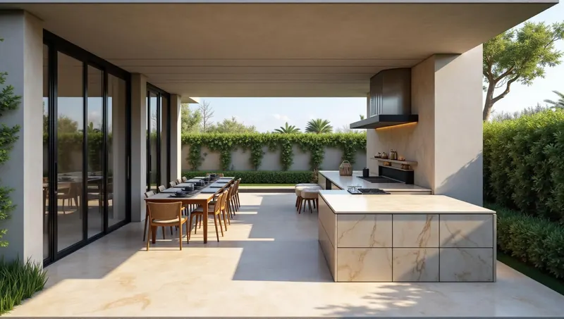 Outdoor kitchen counter in a covered living area