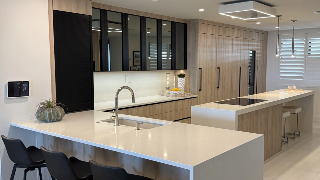 Bright residential kitchen with a large countertop island