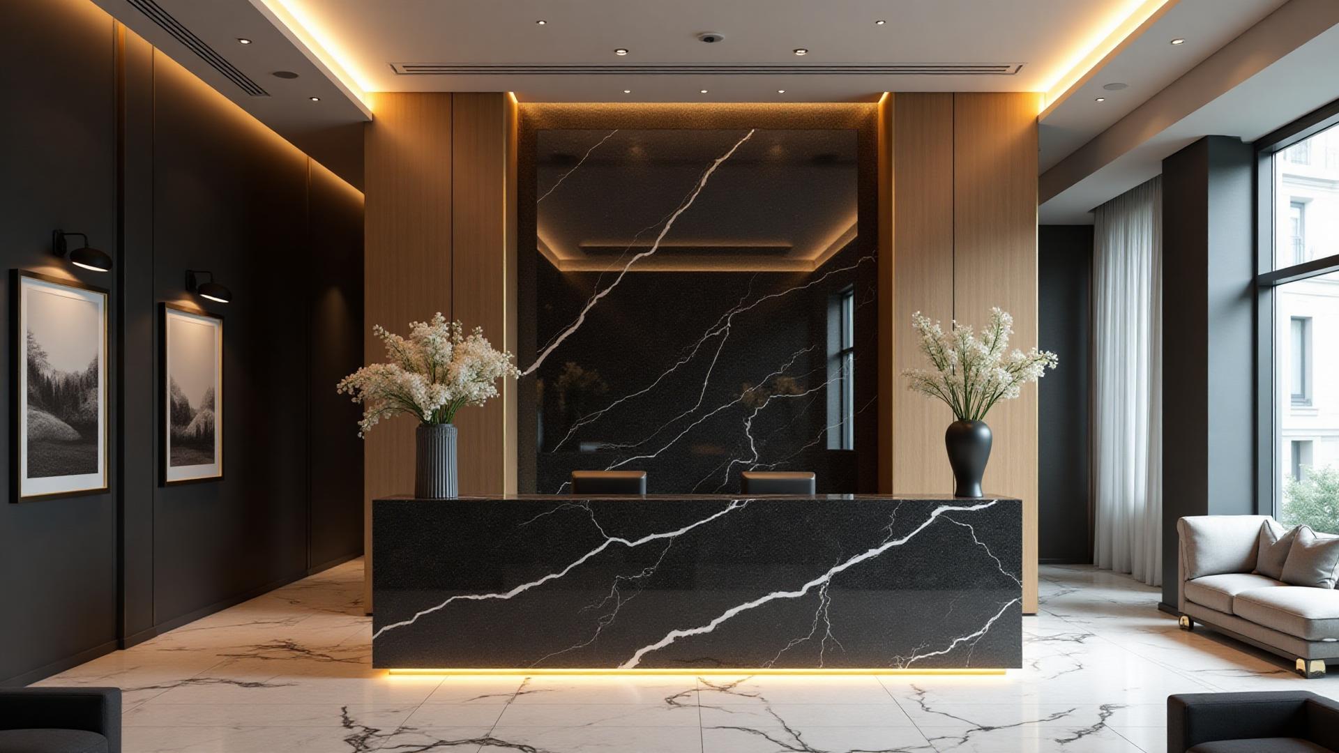 Sahara Noir granite hotel lobby desk on Captiva Island FL by HB Marble and Granite