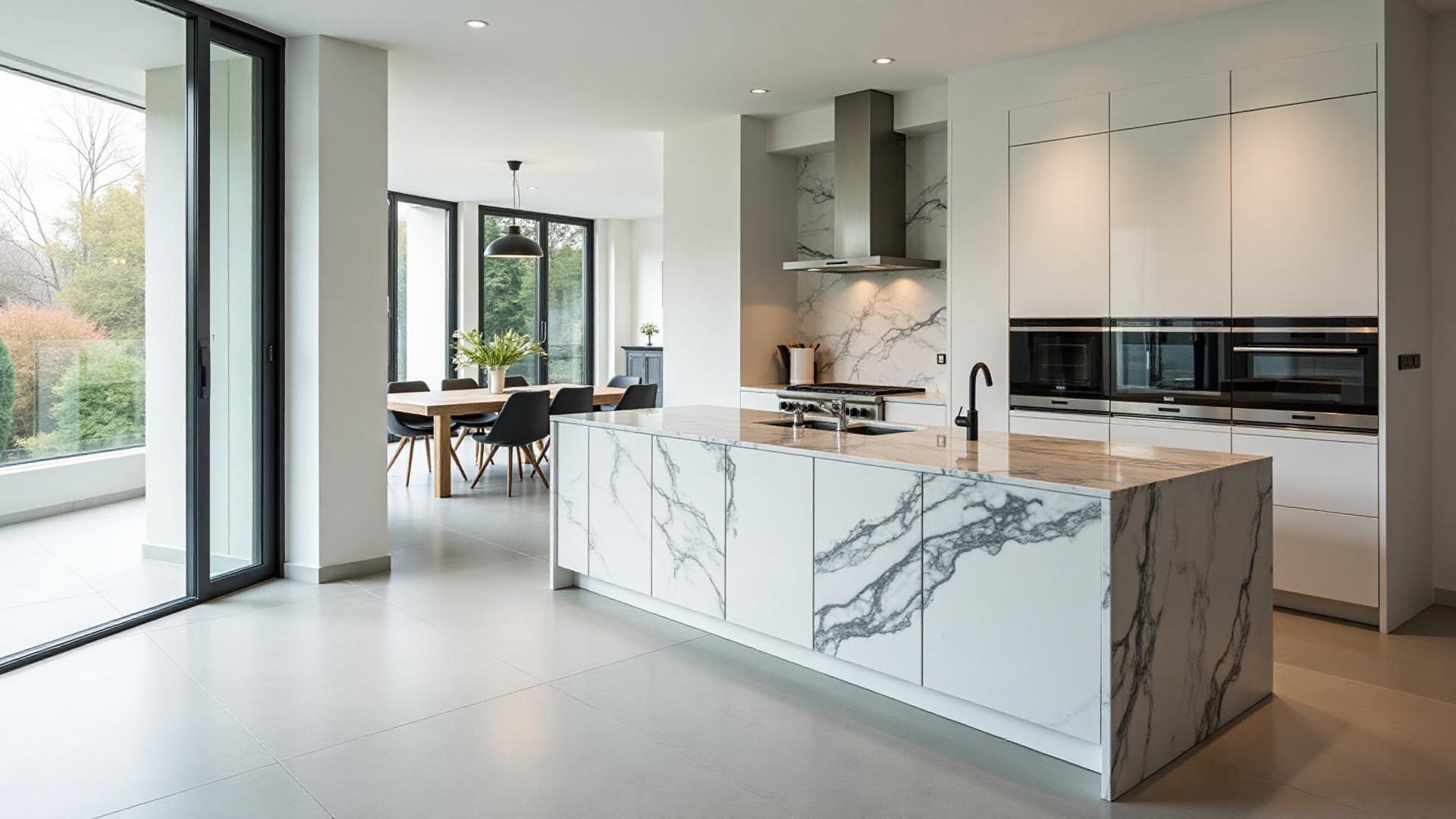 Calacatta marble kitchen island with waterfall edges installed in Naples FL by HB Marble and Granite