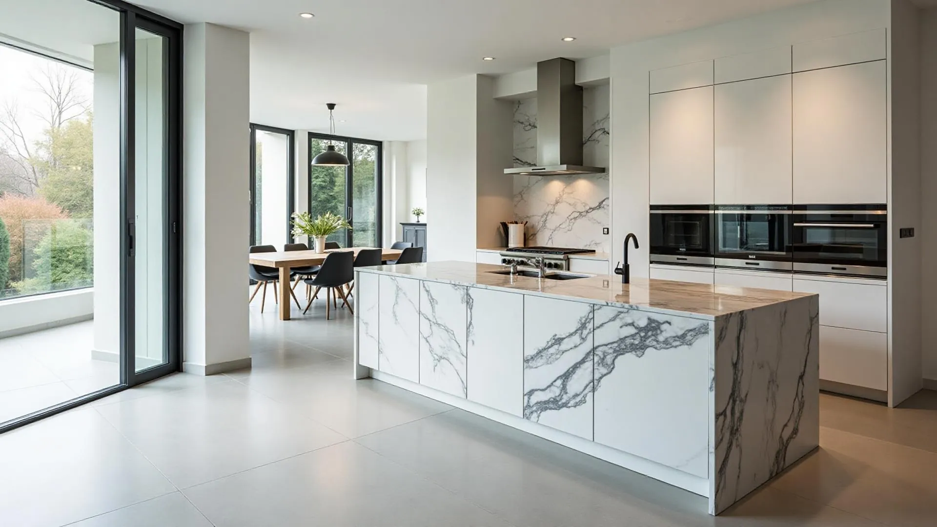 Bright kitchen with a large light stone island