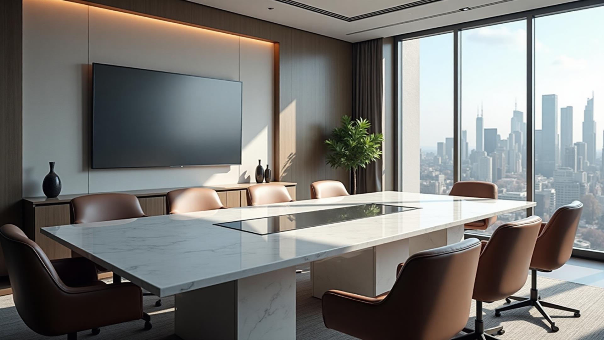 Super White quartzite conference table in Naples FL office by HB Marble and Granite