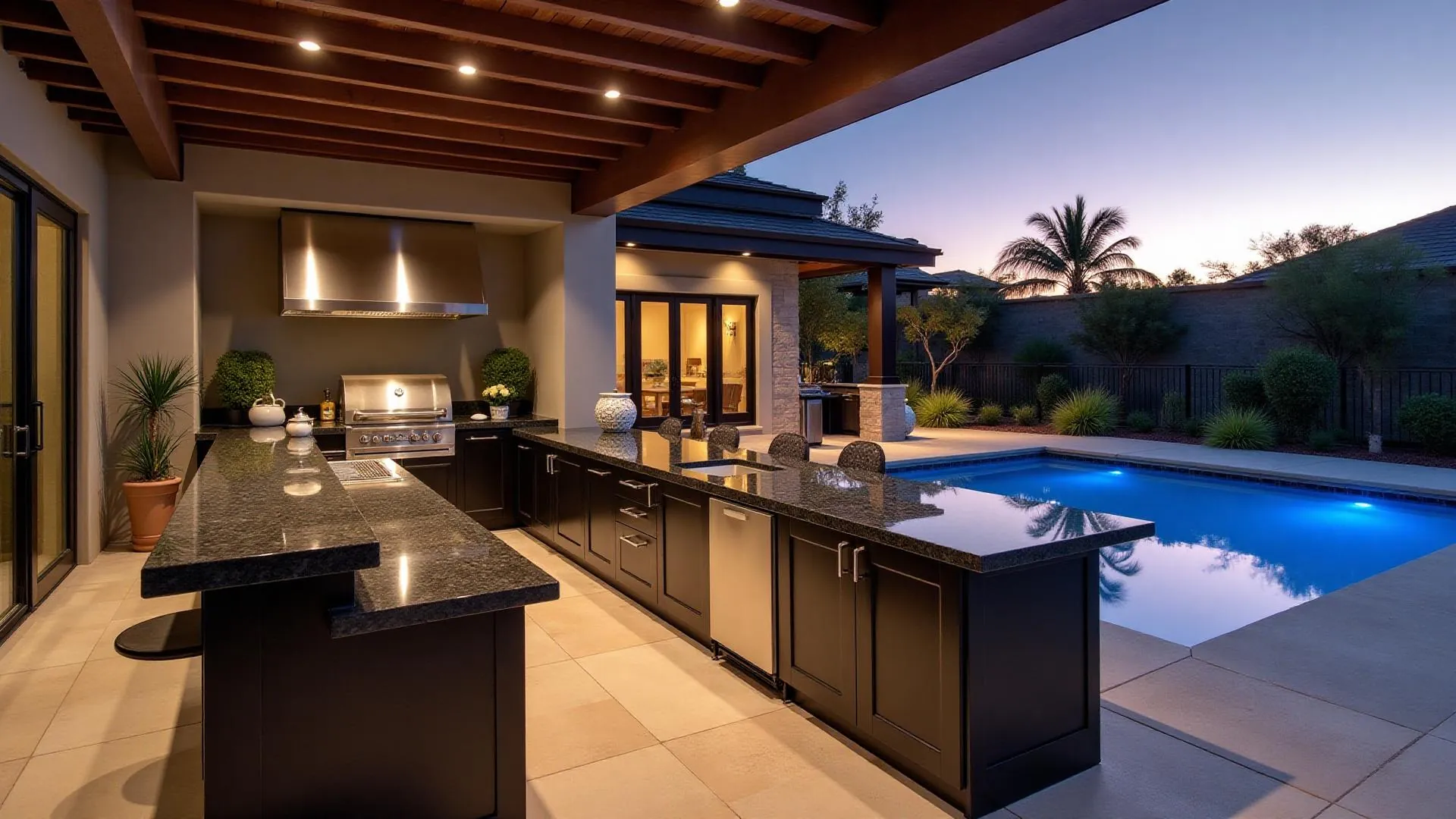 Outdoor living area with a fitted stone countertop and cooking space