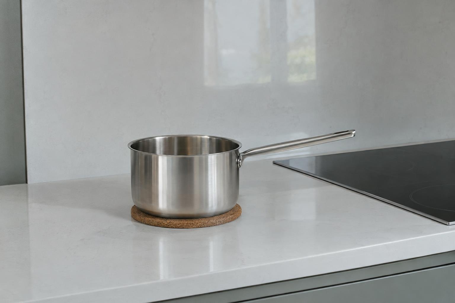 A stainless saucepan resting on a cork trivet on a white quartz countertop beside a cooktop